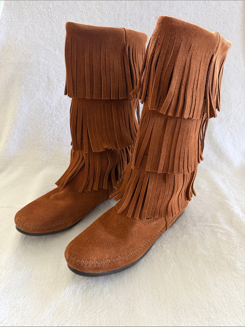 Minnetonka 3 Layer Fringe Suede Moccasin Boots Brown